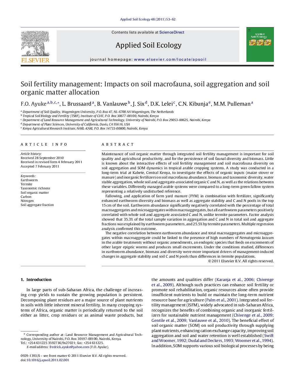 عکس صفحه اول مقاله: Soil fertility management: Impacts on soil macrofauna, soil aggregation and soil organic matter allocation Soil fertility management: Impacts on soil macrofauna, soil aggregation and soil organic matter allocation