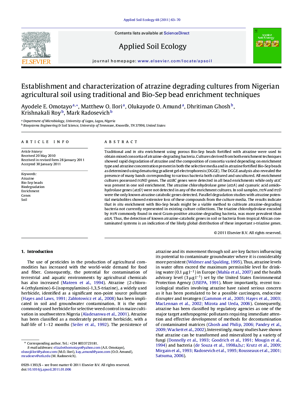 Establishment and characterization of atrazine degrading cultures from Nigerian agricultural soil using traditional and Bio-Sep bead enrichment techniques