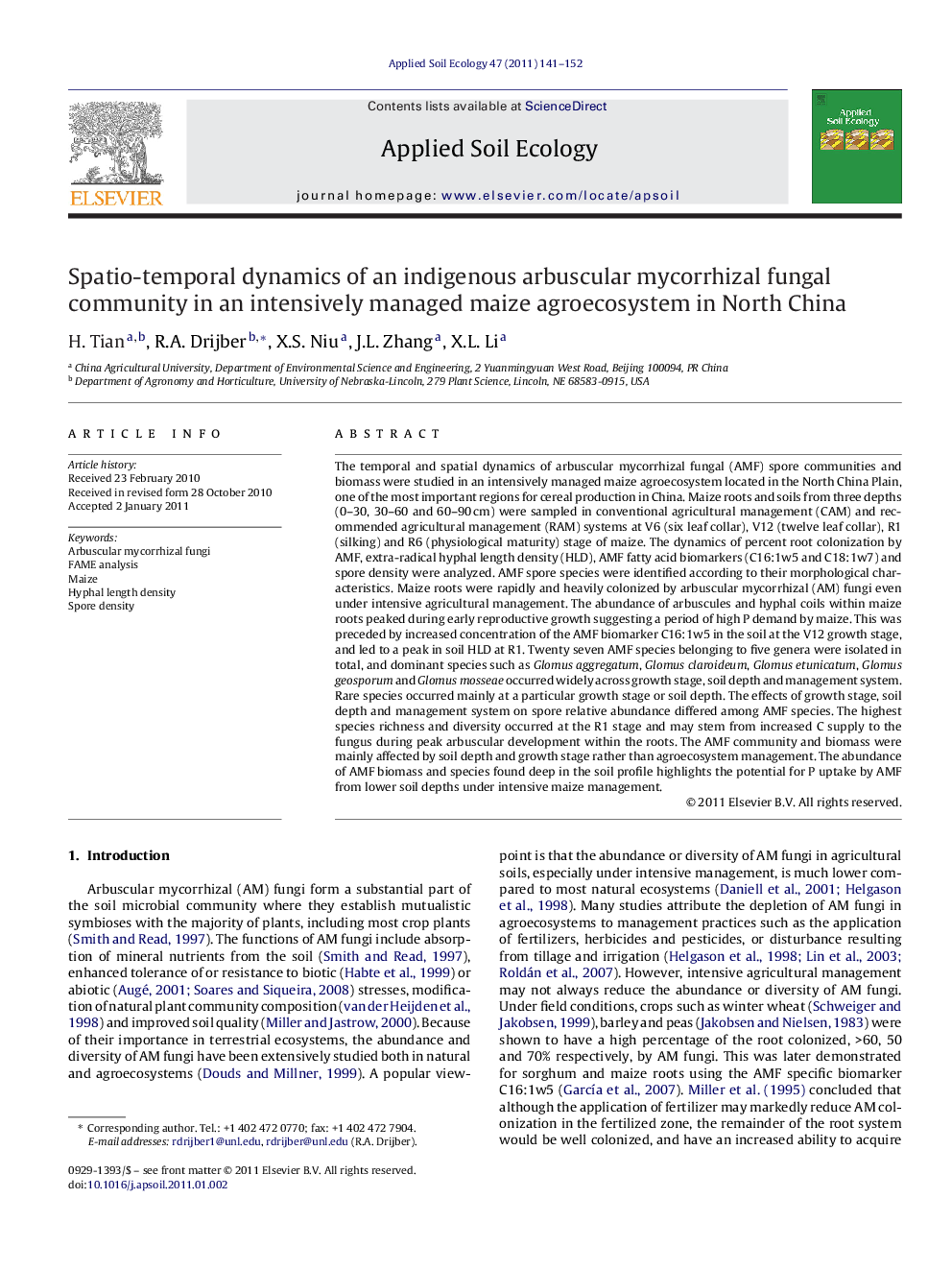 عکس صفحه اول مقاله: Spatio-temporal dynamics of an indigenous arbuscular mycorrhizal fungal community in an intensively managed maize agroecosystem in North China Spatio-temporal dynamics of an indigenous arbuscular mycorrhizal fungal community in an intensively managed maize agroecosystem in North China