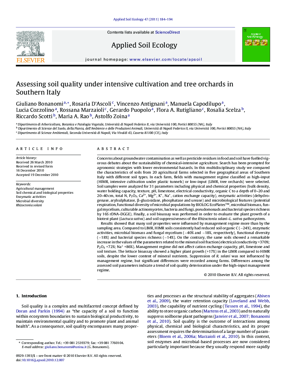 Assessing soil quality under intensive cultivation and tree orchards in Southern Italy