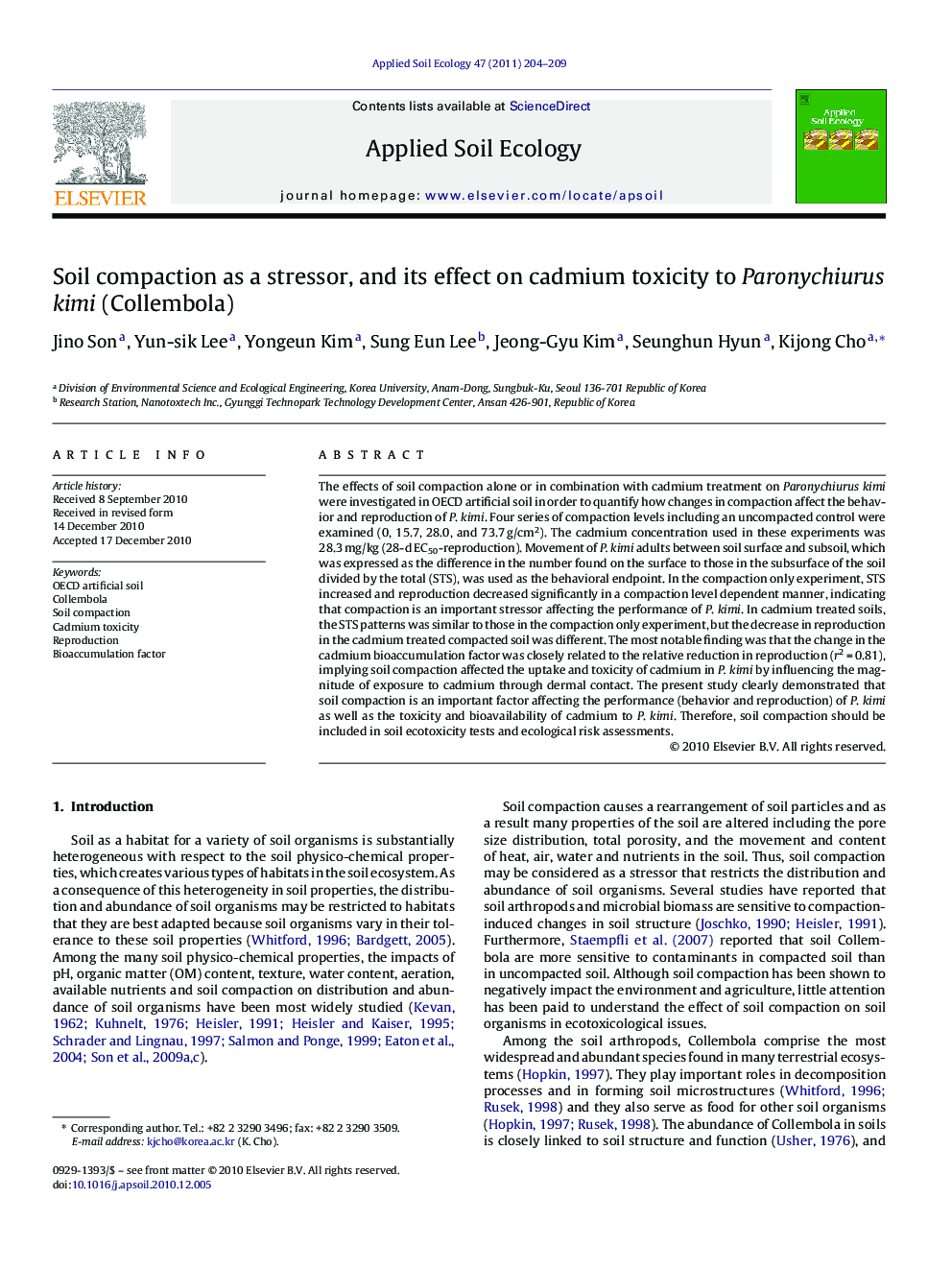 Soil compaction as a stressor, and its effect on cadmium toxicity to Paronychiurus kimi (Collembola)