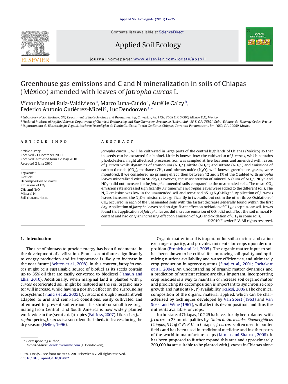 Greenhouse gas emissions and C and N mineralization in soils of Chiapas (México) amended with leaves of Jatropha curcas L.