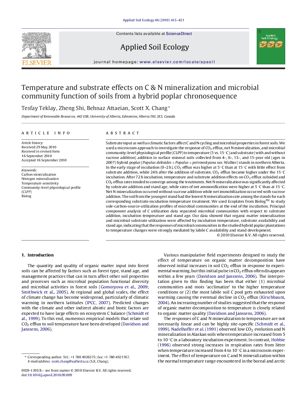 Temperature and substrate effects on C & N mineralization and microbial community function of soils from a hybrid poplar chronosequence