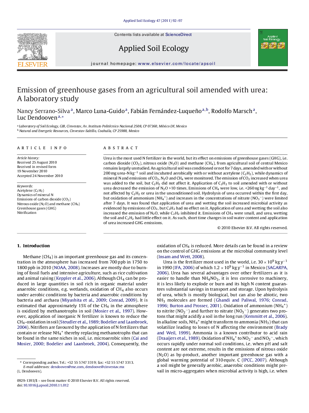 Emission of greenhouse gases from an agricultural soil amended with urea: A laboratory study