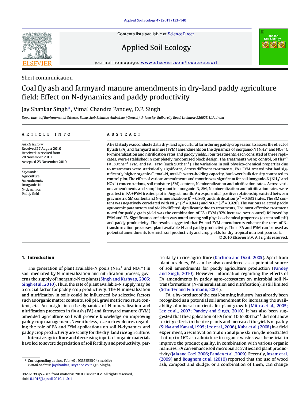 Coal fly ash and farmyard manure amendments in dry-land paddy agriculture field: Effect on N-dynamics and paddy productivity