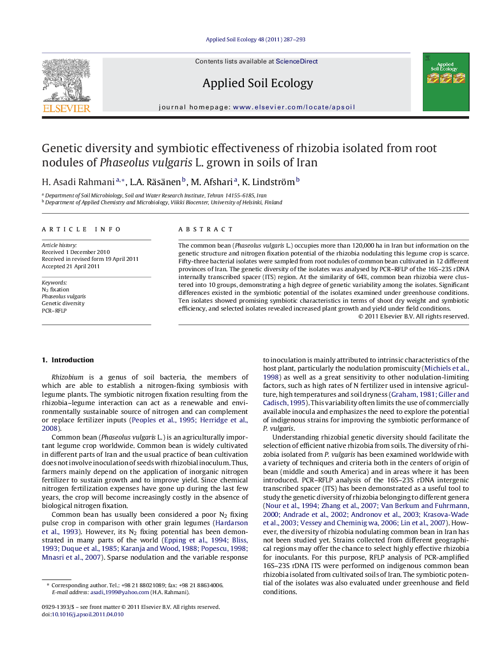 Genetic diversity and symbiotic effectiveness of rhizobia isolated from root nodules of Phaseolus vulgaris L. grown in soils of Iran