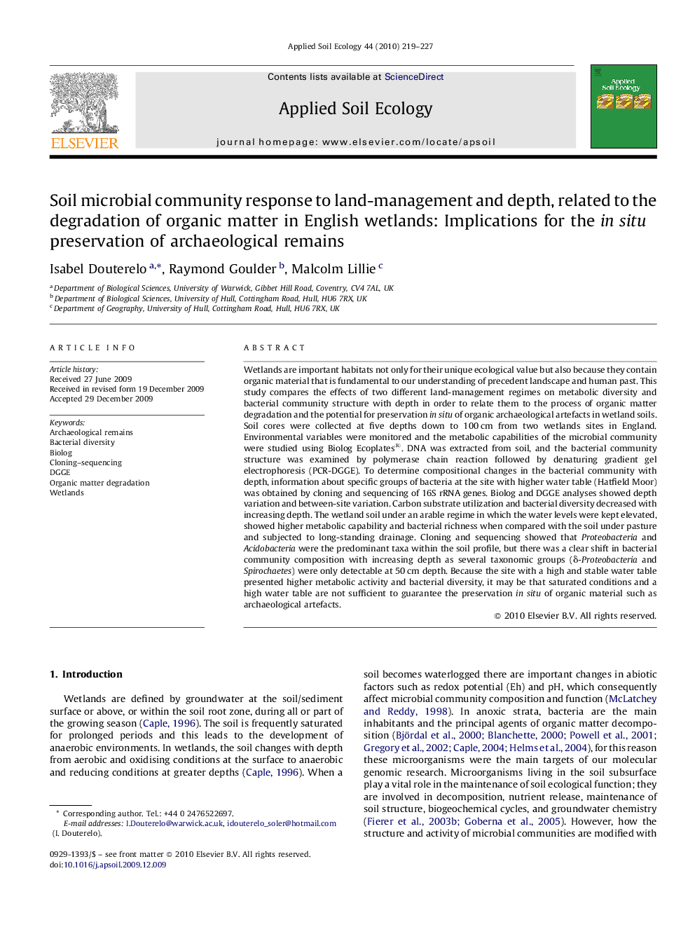 Soil microbial community response to land-management and depth, related to the degradation of organic matter in English wetlands: Implications for the in situ preservation of archaeological remains