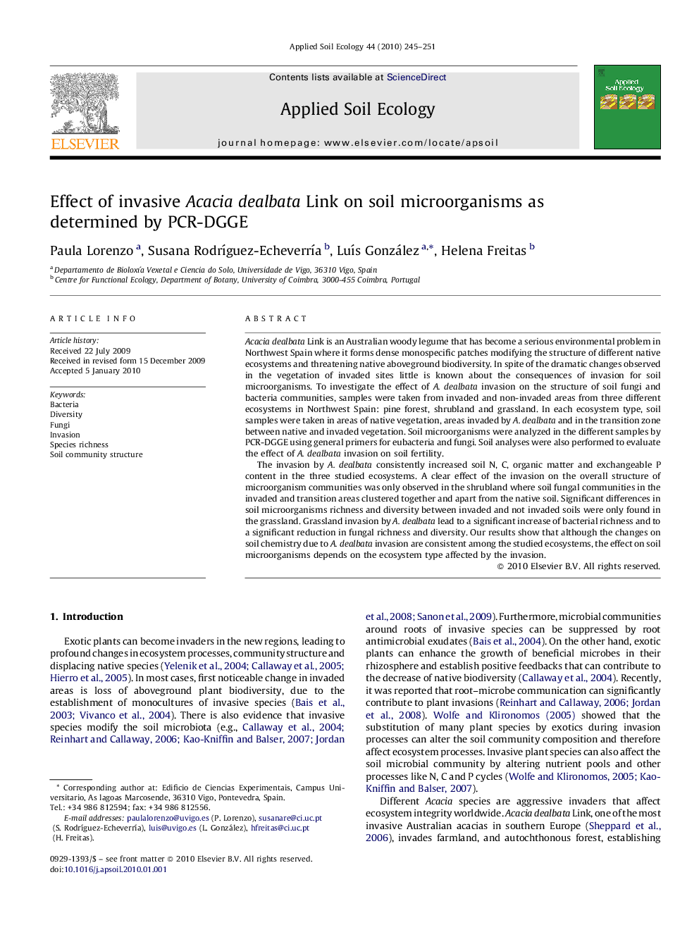 Effect of invasive Acacia dealbata Link on soil microorganisms as determined by PCR-DGGE