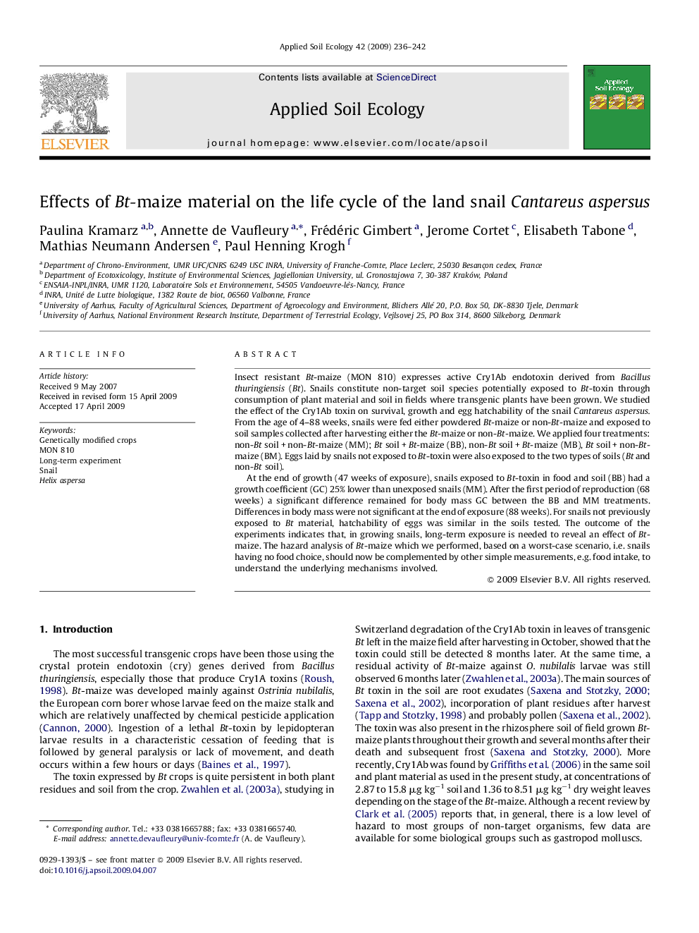 Effects of Bt-maize material on the life cycle of the land snail Cantareus aspersus