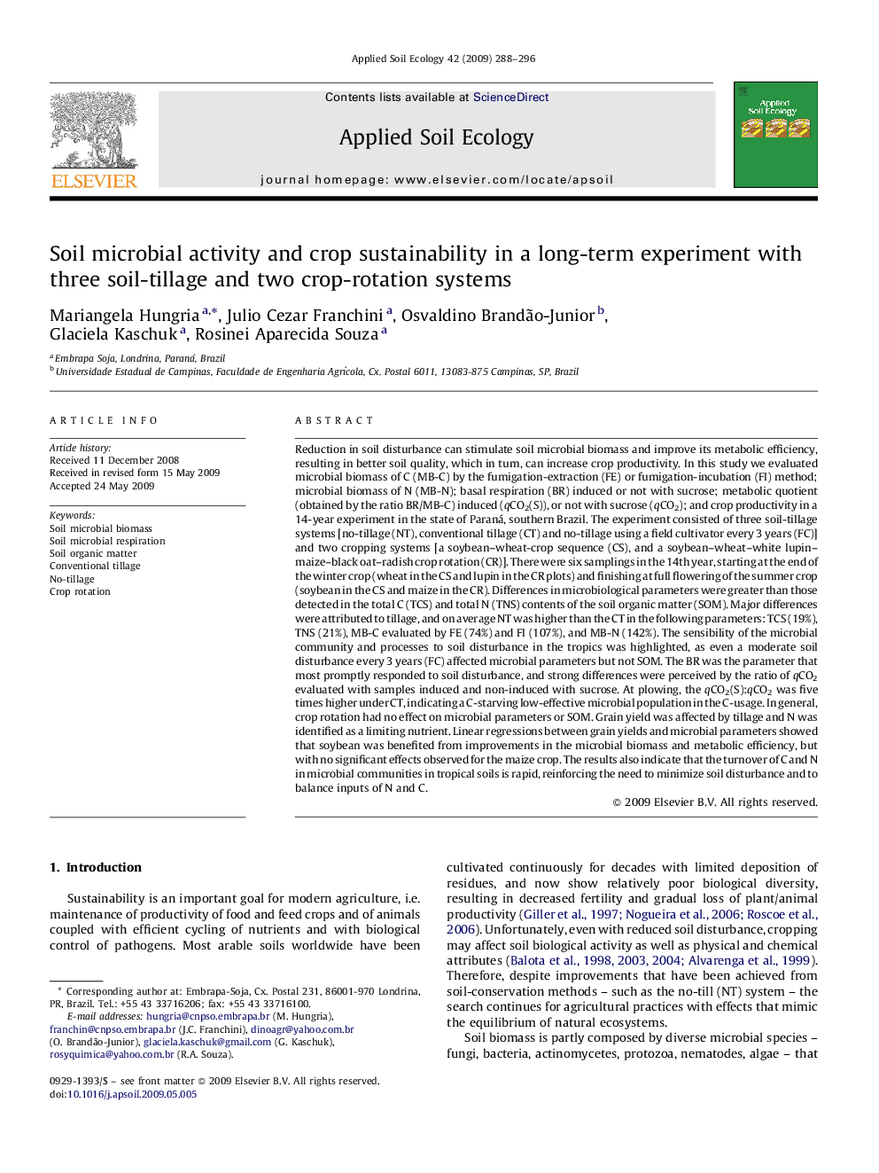 Soil microbial activity and crop sustainability in a long-term experiment with three soil-tillage and two crop-rotation systems