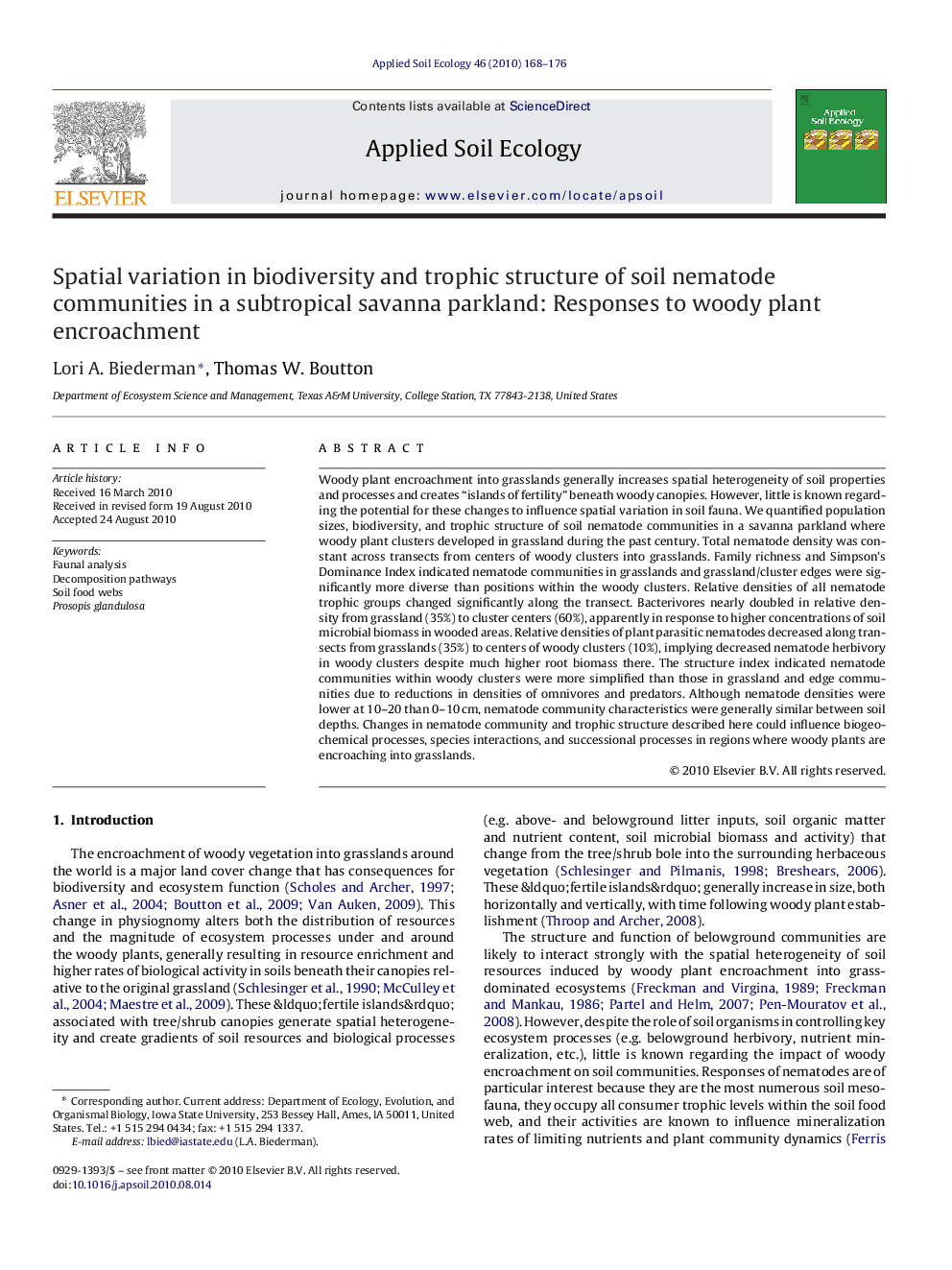 Spatial variation in biodiversity and trophic structure of soil nematode communities in a subtropical savanna parkland: Responses to woody plant encroachment