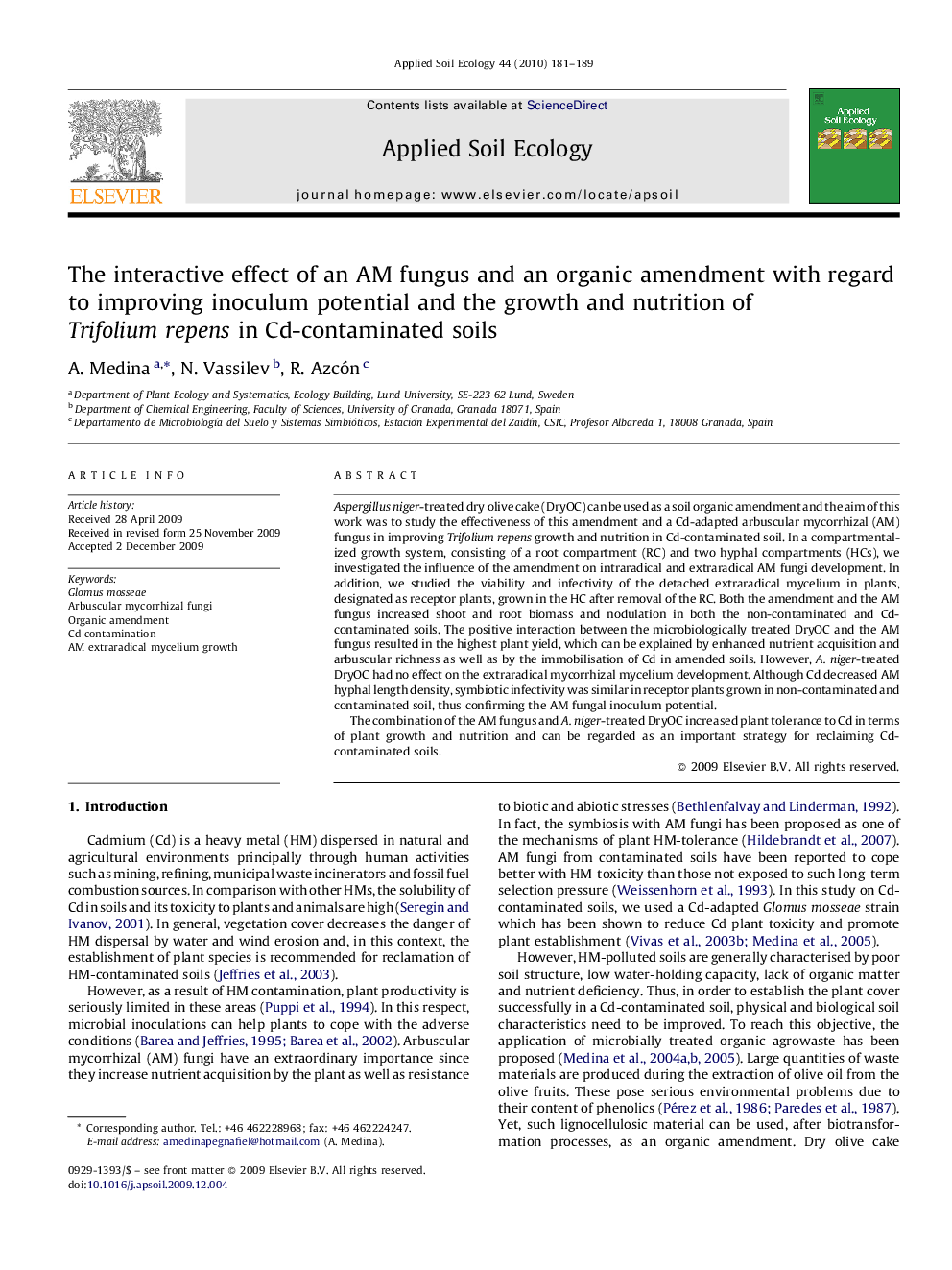 The interactive effect of an AM fungus and an organic amendment with regard to improving inoculum potential and the growth and nutrition of Trifolium repens in Cd-contaminated soils