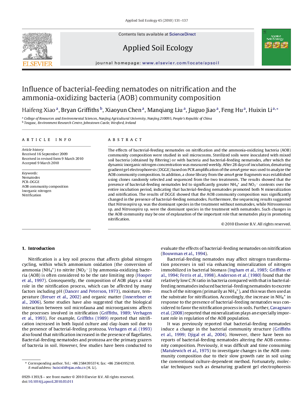 Influence of bacterial-feeding nematodes on nitrification and the ammonia-oxidizing bacteria (AOB) community composition