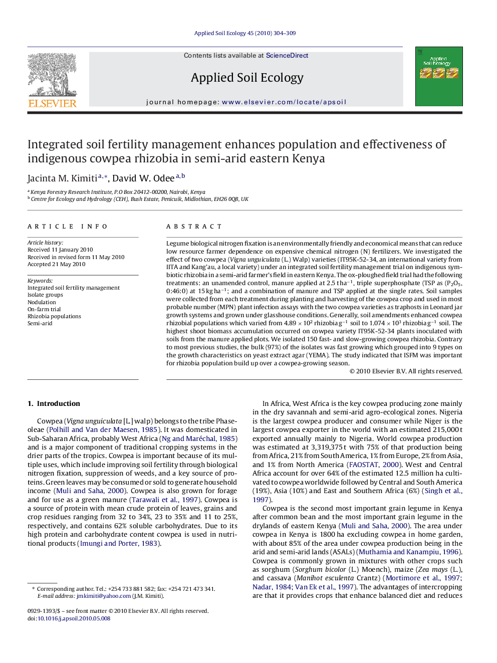 Integrated soil fertility management enhances population and effectiveness of indigenous cowpea rhizobia in semi-arid eastern Kenya