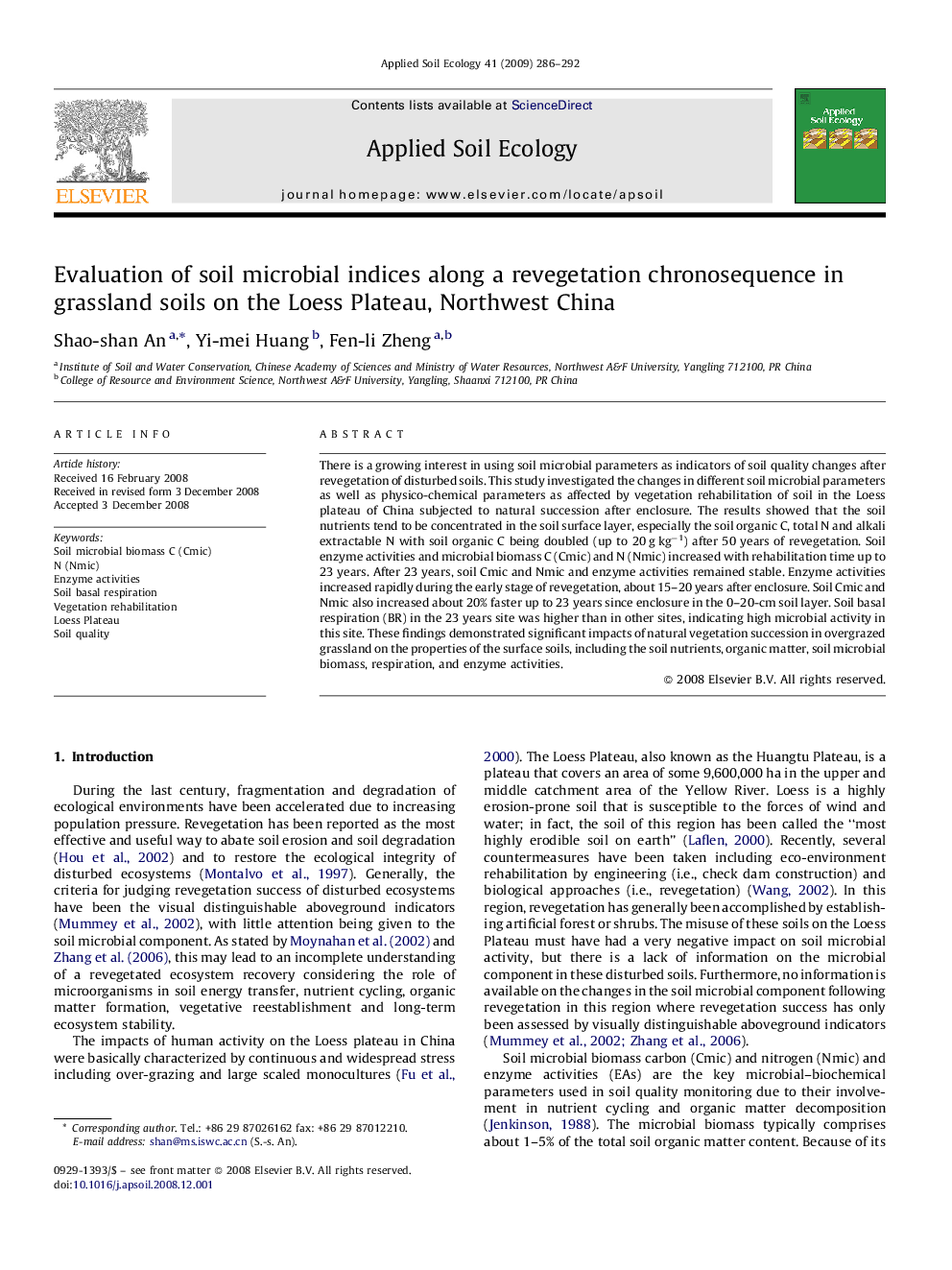 Evaluation of soil microbial indices along a revegetation chronosequence in grassland soils on the Loess Plateau, Northwest China