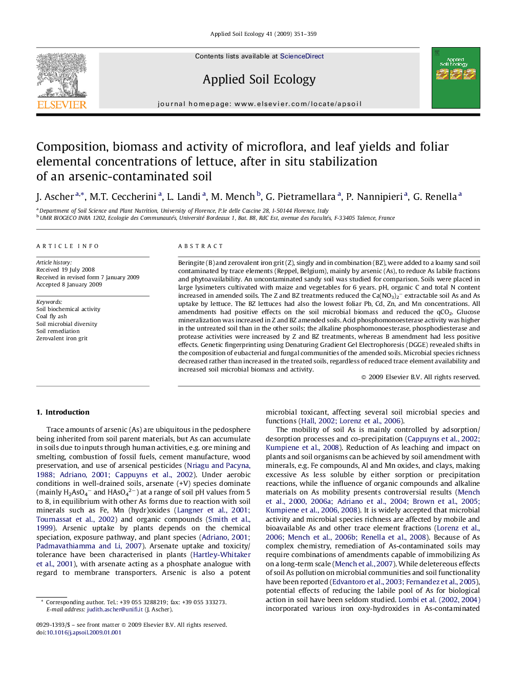 Composition, biomass and activity of microflora, and leaf yields and foliar elemental concentrations of lettuce, after in situ stabilization of an arsenic-contaminated soil