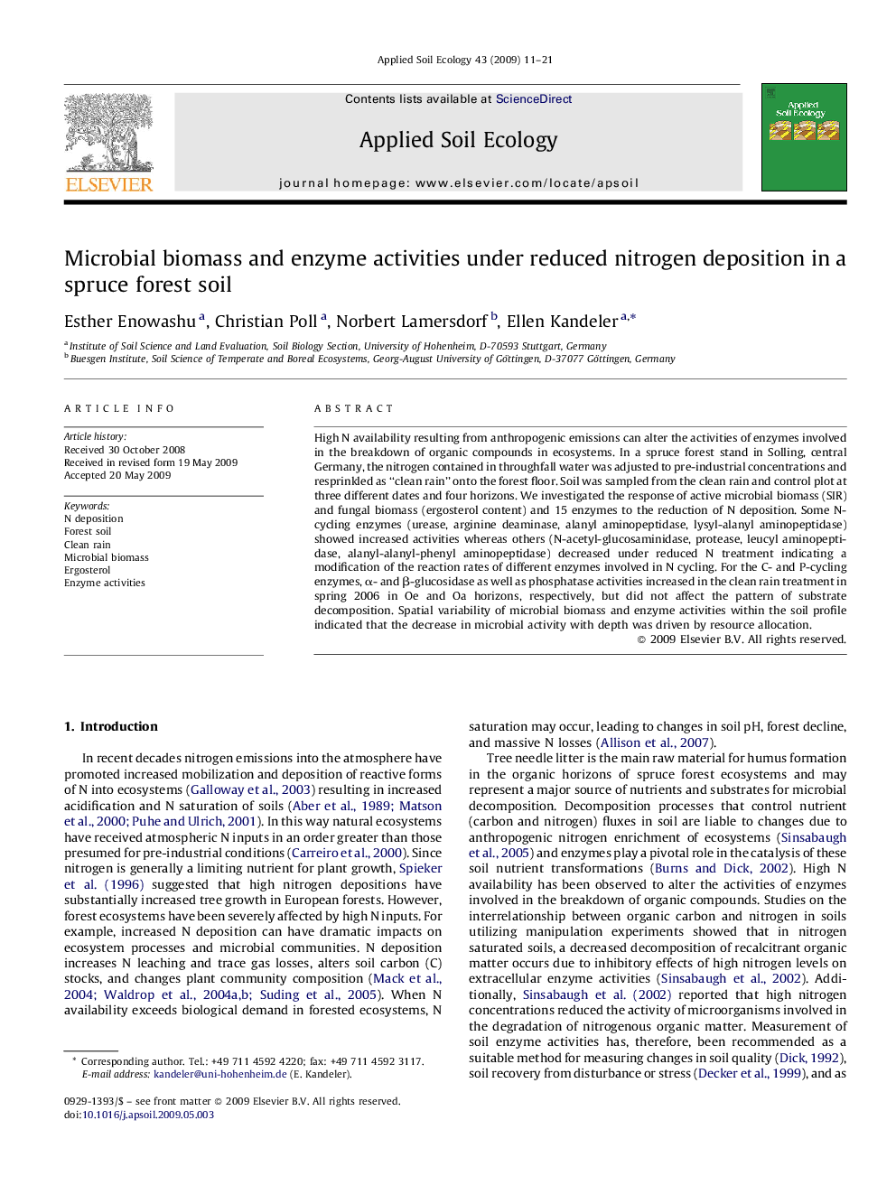 Microbial biomass and enzyme activities under reduced nitrogen deposition in a spruce forest soil