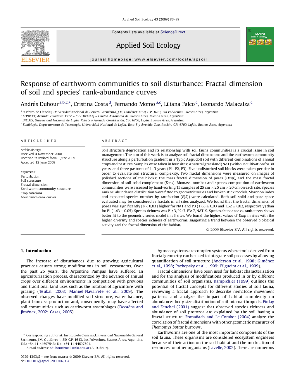 Response of earthworm communities to soil disturbance: Fractal dimension of soil and species’ rank-abundance curves