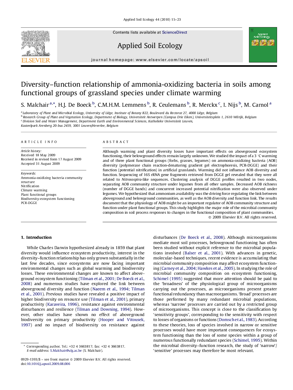 Diversity–function relationship of ammonia-oxidizing bacteria in soils among functional groups of grassland species under climate warming