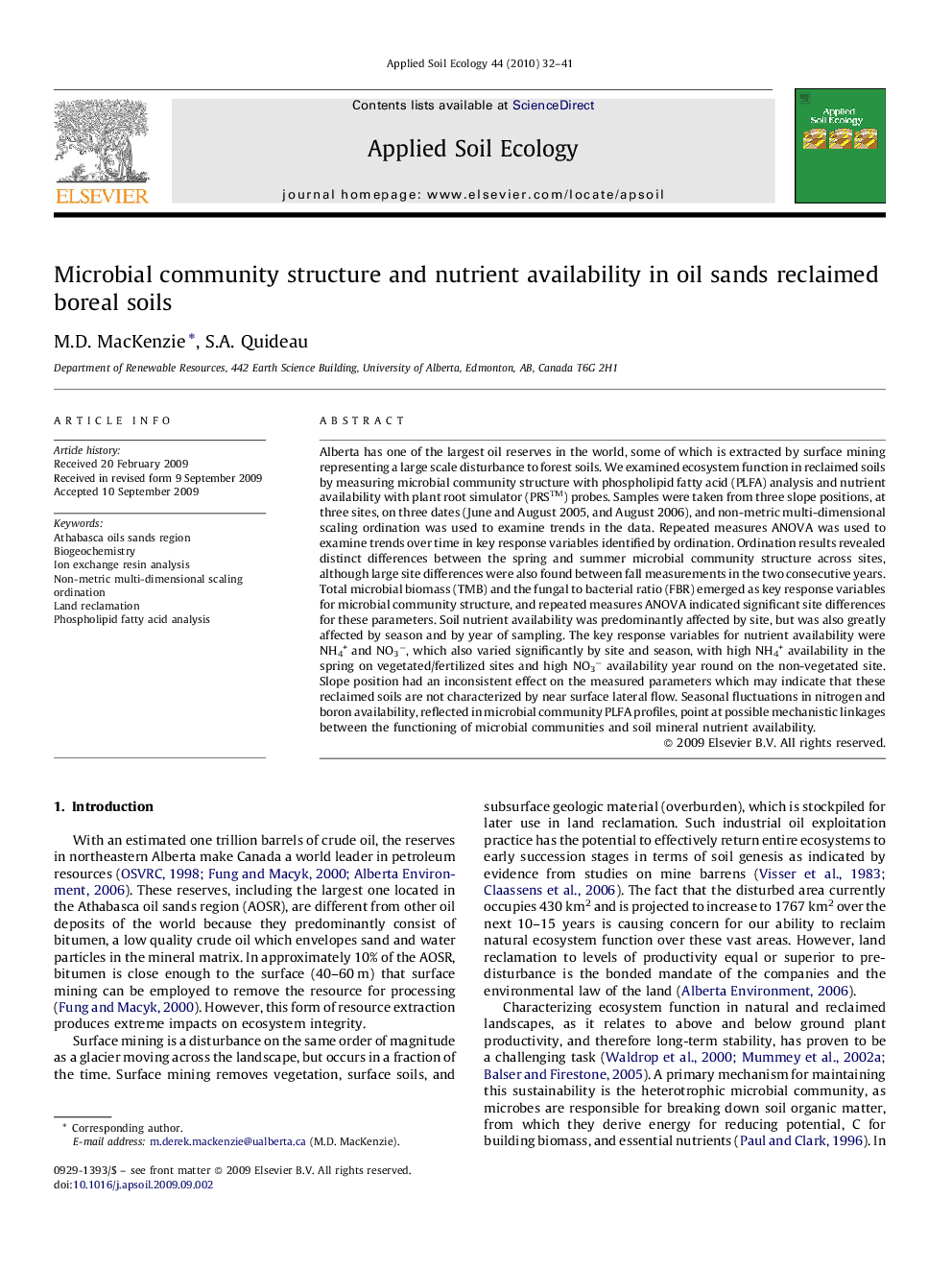 Microbial community structure and nutrient availability in oil sands reclaimed boreal soils