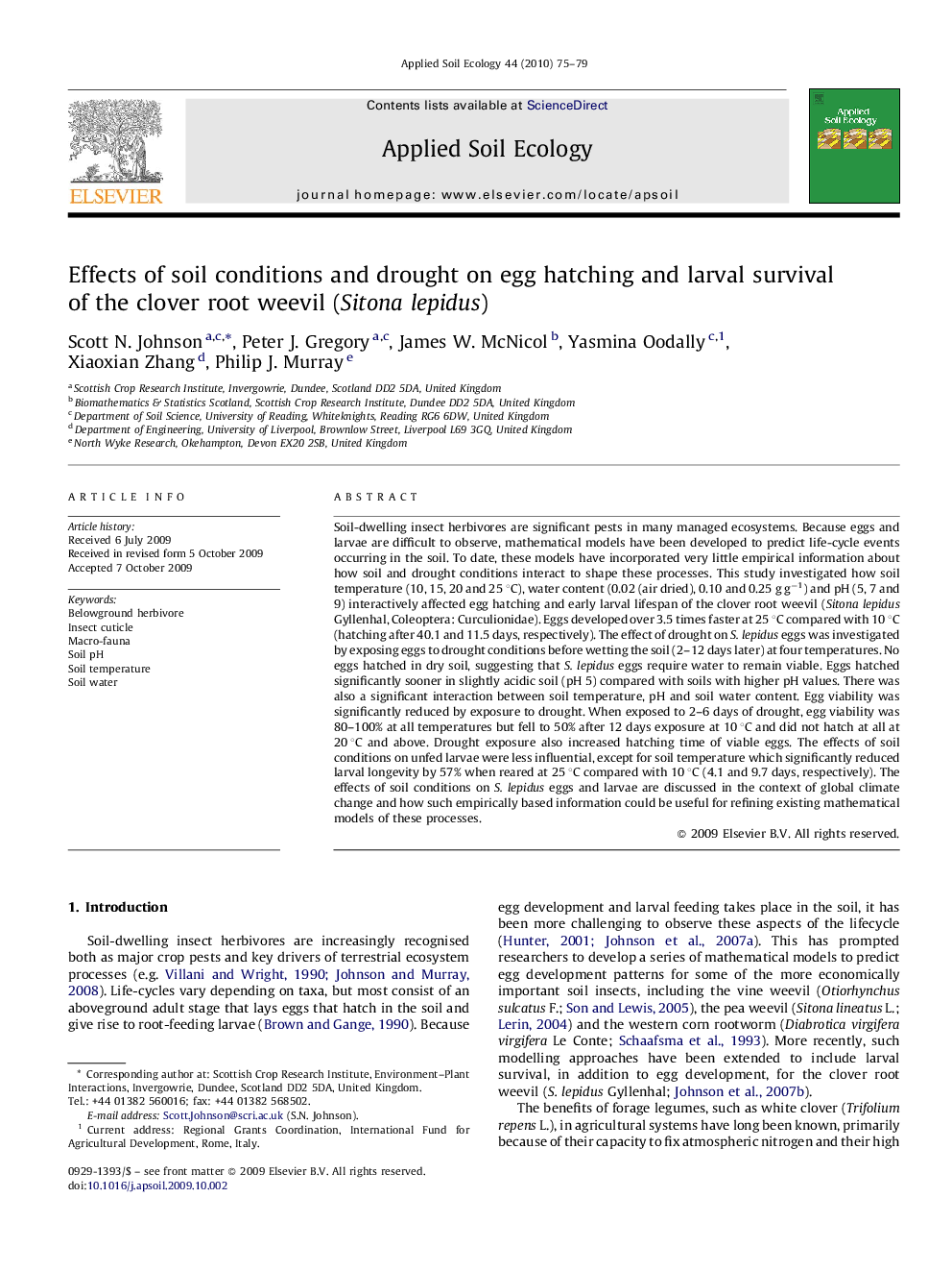 Effects of soil conditions and drought on egg hatching and larval survival of the clover root weevil (Sitona lepidus)