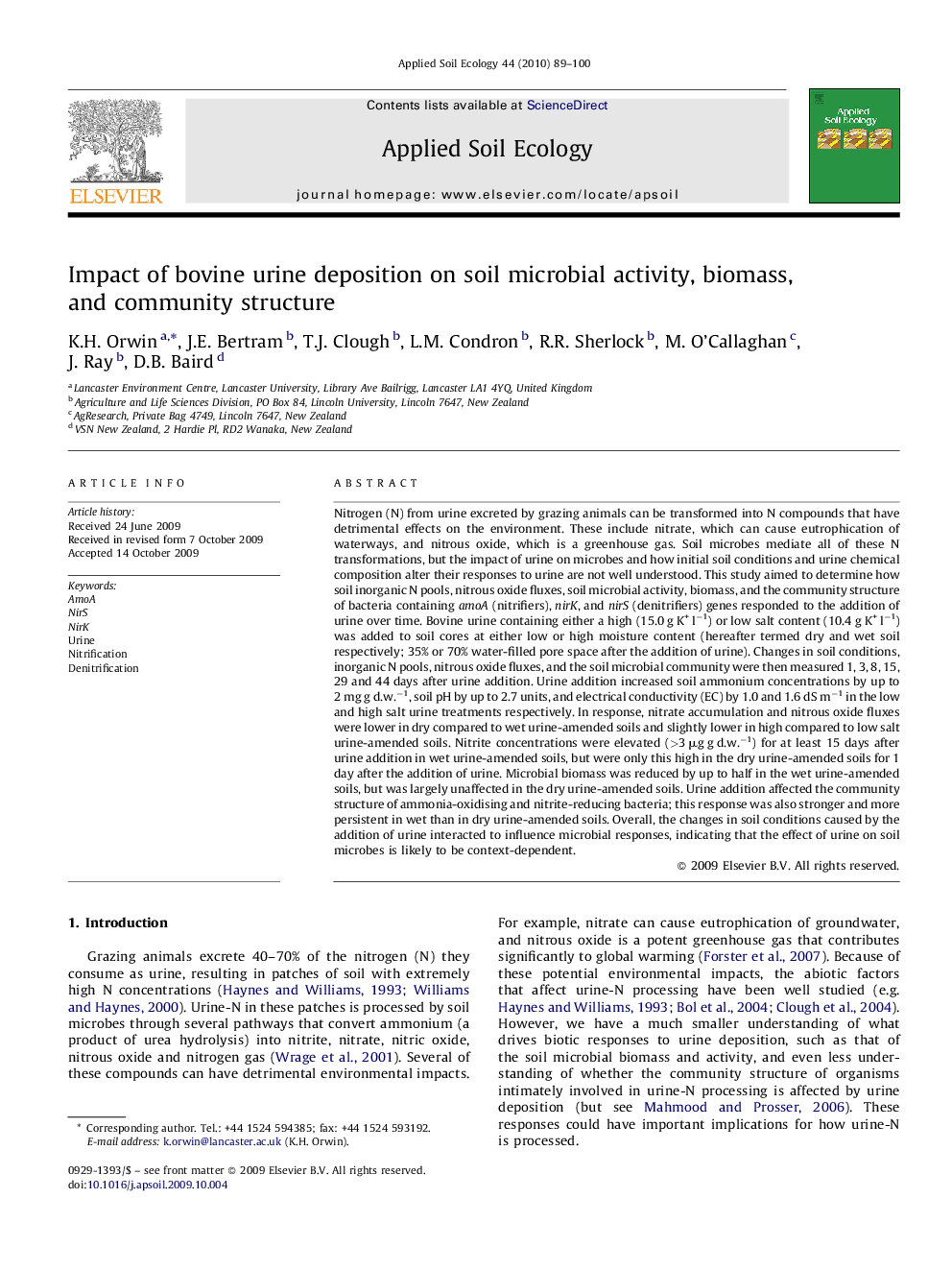 Impact of bovine urine deposition on soil microbial activity, biomass, and community structure