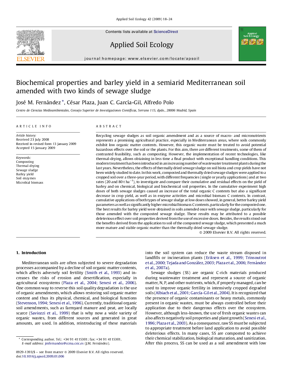 Biochemical properties and barley yield in a semiarid Mediterranean soil amended with two kinds of sewage sludge