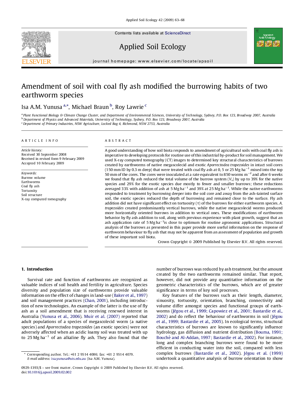 Amendment of soil with coal fly ash modified the burrowing habits of two earthworm species