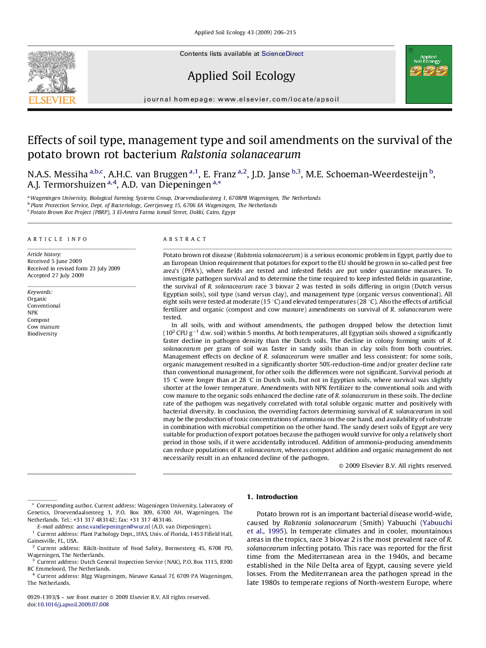 Effects of soil type, management type and soil amendments on the survival of the potato brown rot bacterium Ralstonia solanacearum