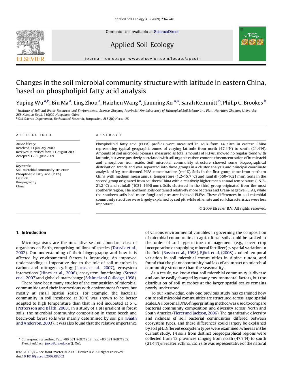 Changes in the soil microbial community structure with latitude in eastern China, based on phospholipid fatty acid analysis