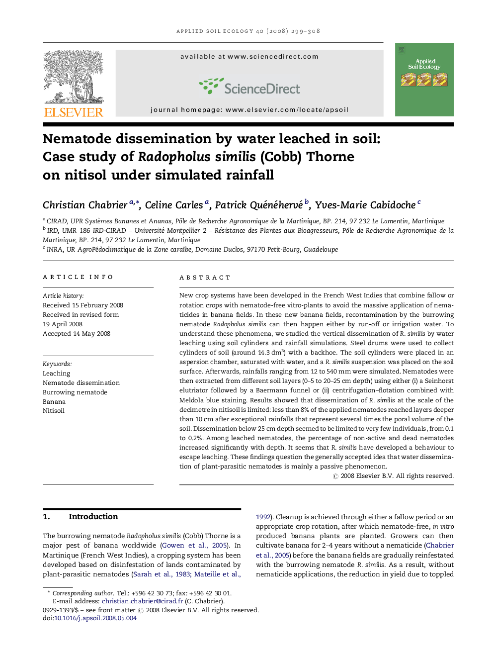 Nematode dissemination by water leached in soil: Case study of Radopholus similis (Cobb) Thorne on nitisol under simulated rainfall