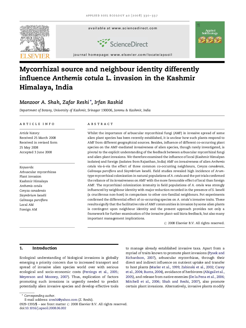 Mycorrhizal source and neighbour identity differently influence Anthemis cotula L. invasion in the Kashmir Himalaya, India