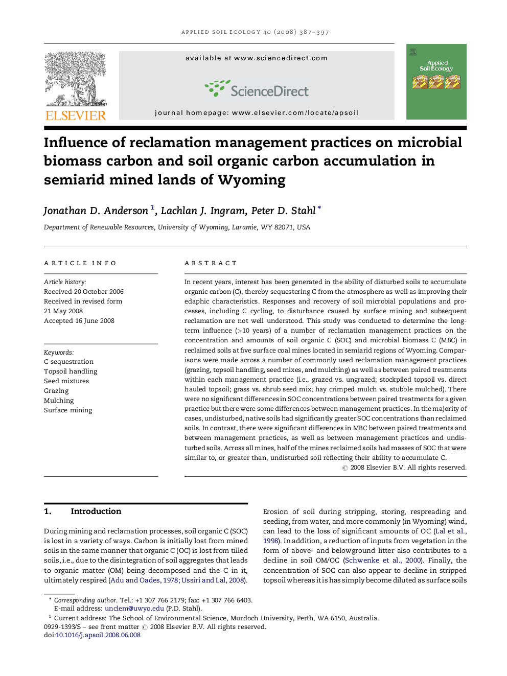 Influence of reclamation management practices on microbial biomass carbon and soil organic carbon accumulation in semiarid mined lands of Wyoming