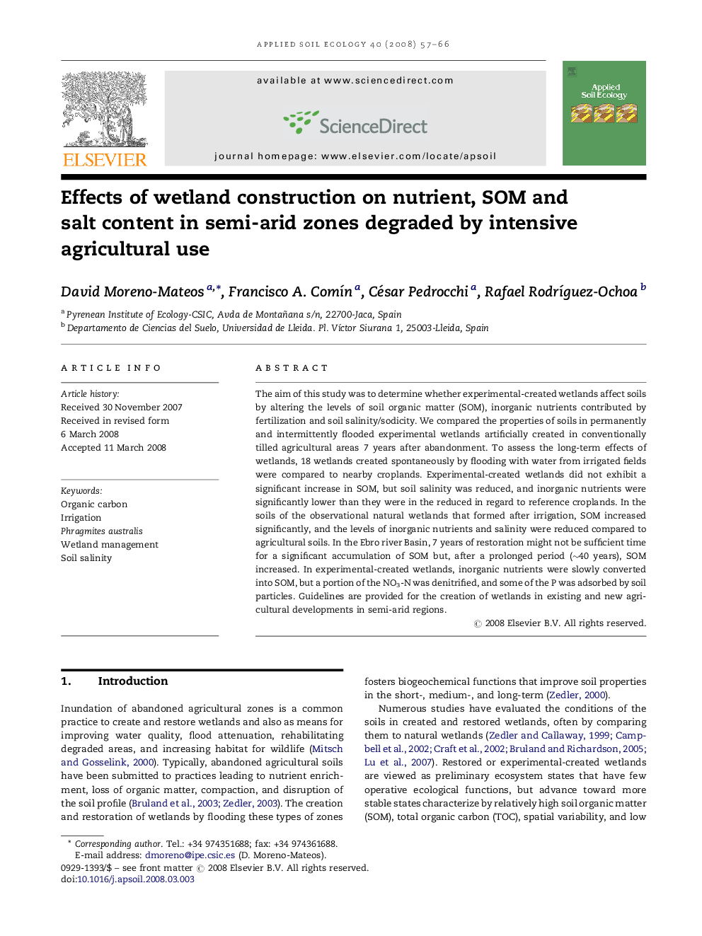 Effects of wetland construction on nutrient, SOM and salt content in semi-arid zones degraded by intensive agricultural use