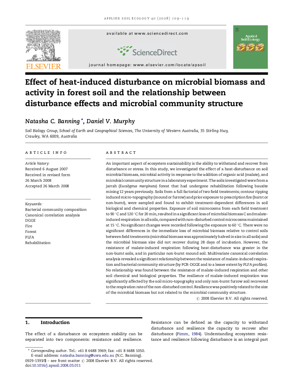 Effect of heat-induced disturbance on microbial biomass and activity in forest soil and the relationship between disturbance effects and microbial community structure