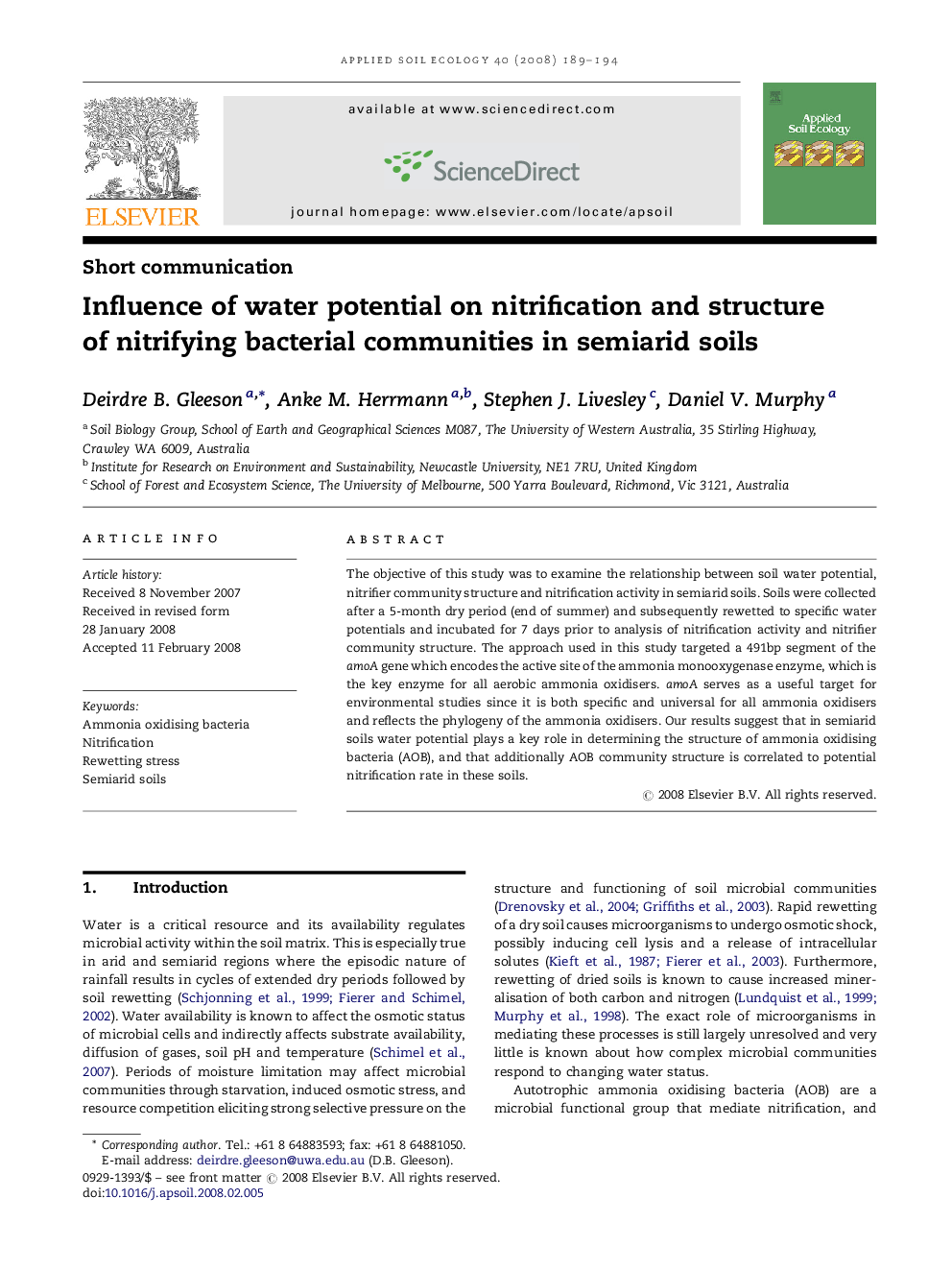 Influence of water potential on nitrification and structure of nitrifying bacterial communities in semiarid soils