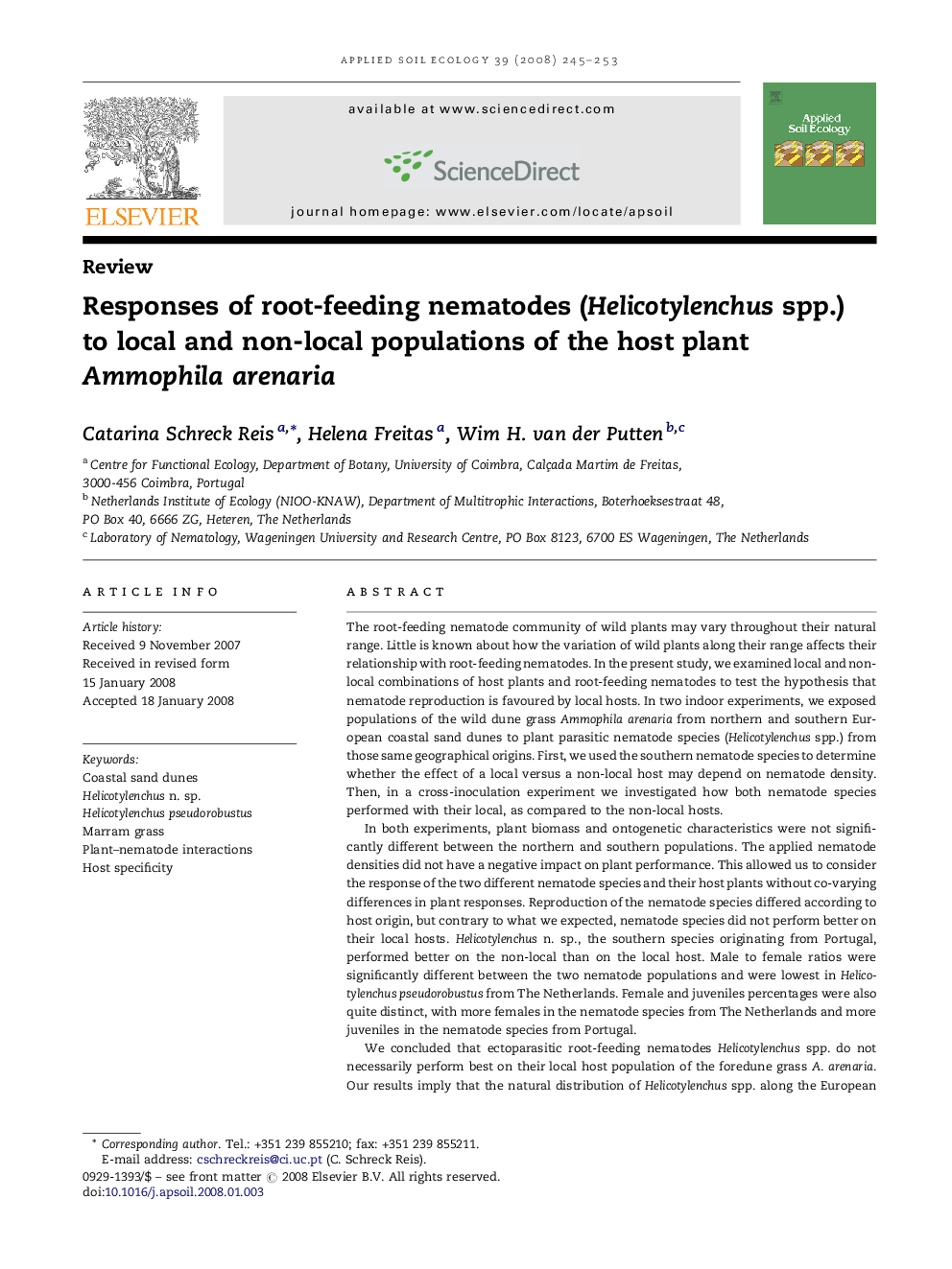 Responses of root-feeding nematodes (Helicotylenchus spp.) to local and non-local populations of the host plant Ammophila arenaria