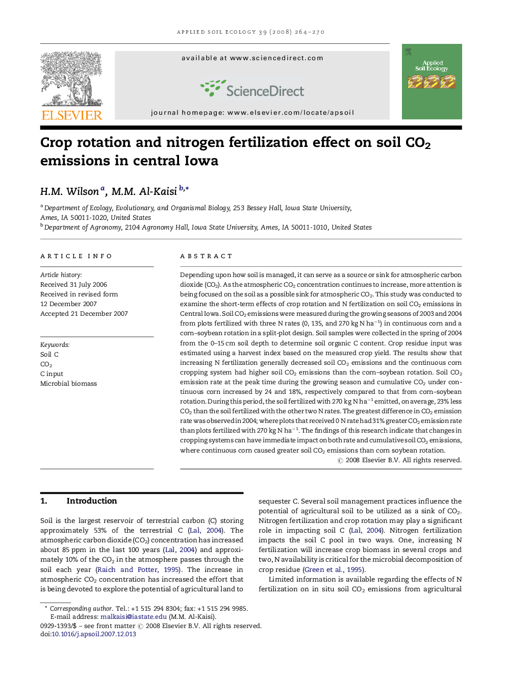 Crop rotation and nitrogen fertilization effect on soil CO2 emissions in central Iowa