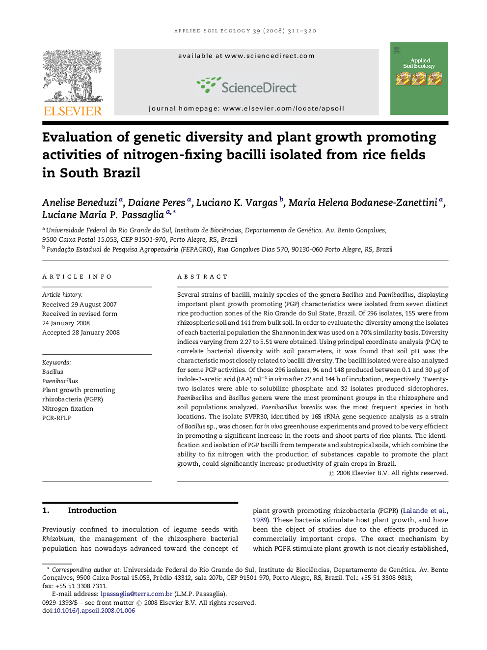 Evaluation of genetic diversity and plant growth promoting activities of nitrogen-fixing bacilli isolated from rice fields in South Brazil