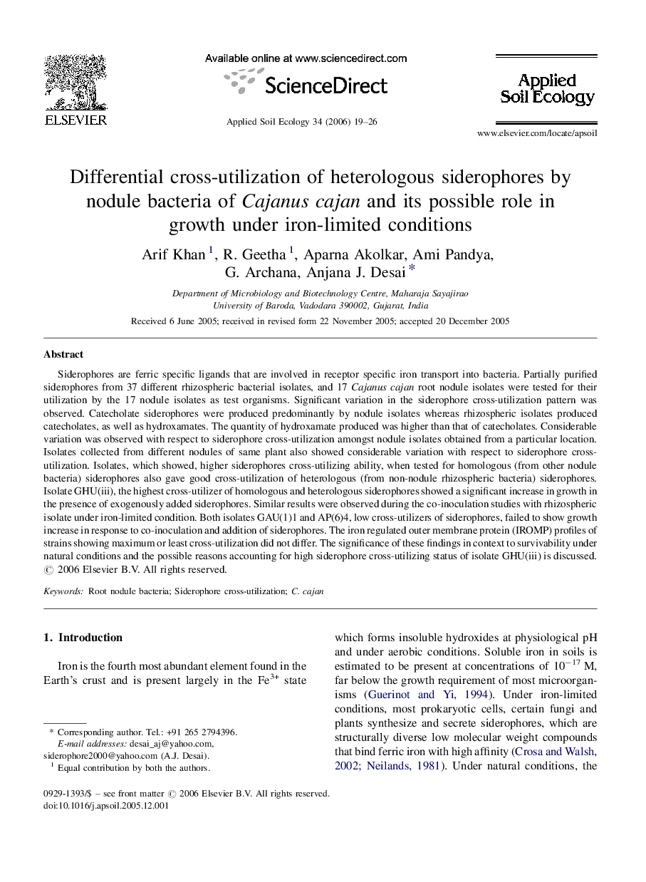 Differential cross-utilization of heterologous siderophores by nodule bacteria of Cajanus cajan and its possible role in growth under iron-limited conditions