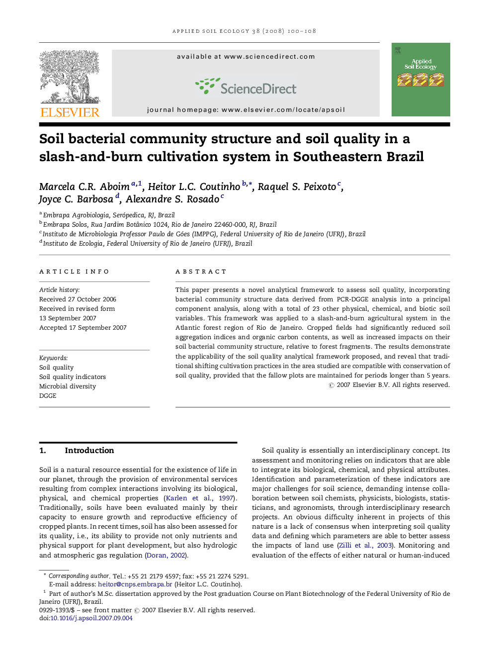 Soil bacterial community structure and soil quality in a slash-and-burn cultivation system in Southeastern Brazil