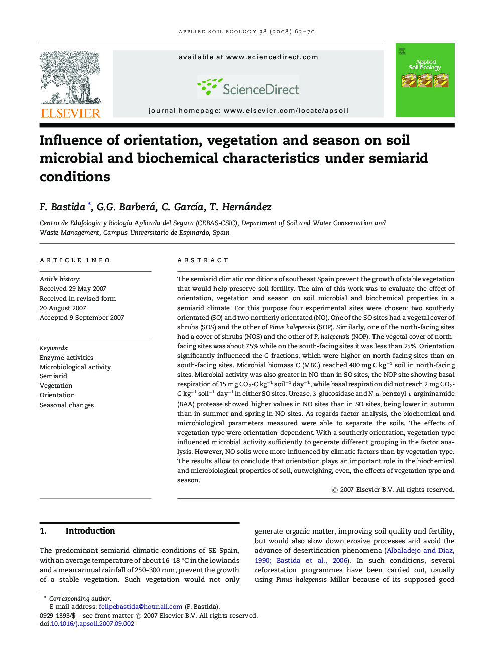 Influence of orientation, vegetation and season on soil microbial and biochemical characteristics under semiarid conditions