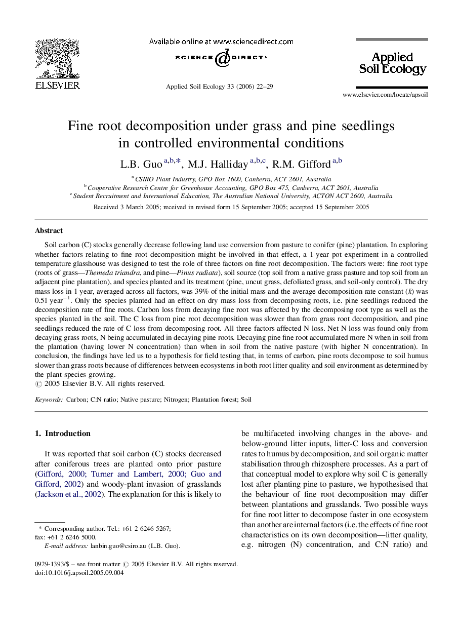 Fine root decomposition under grass and pine seedlings in controlled environmental conditions