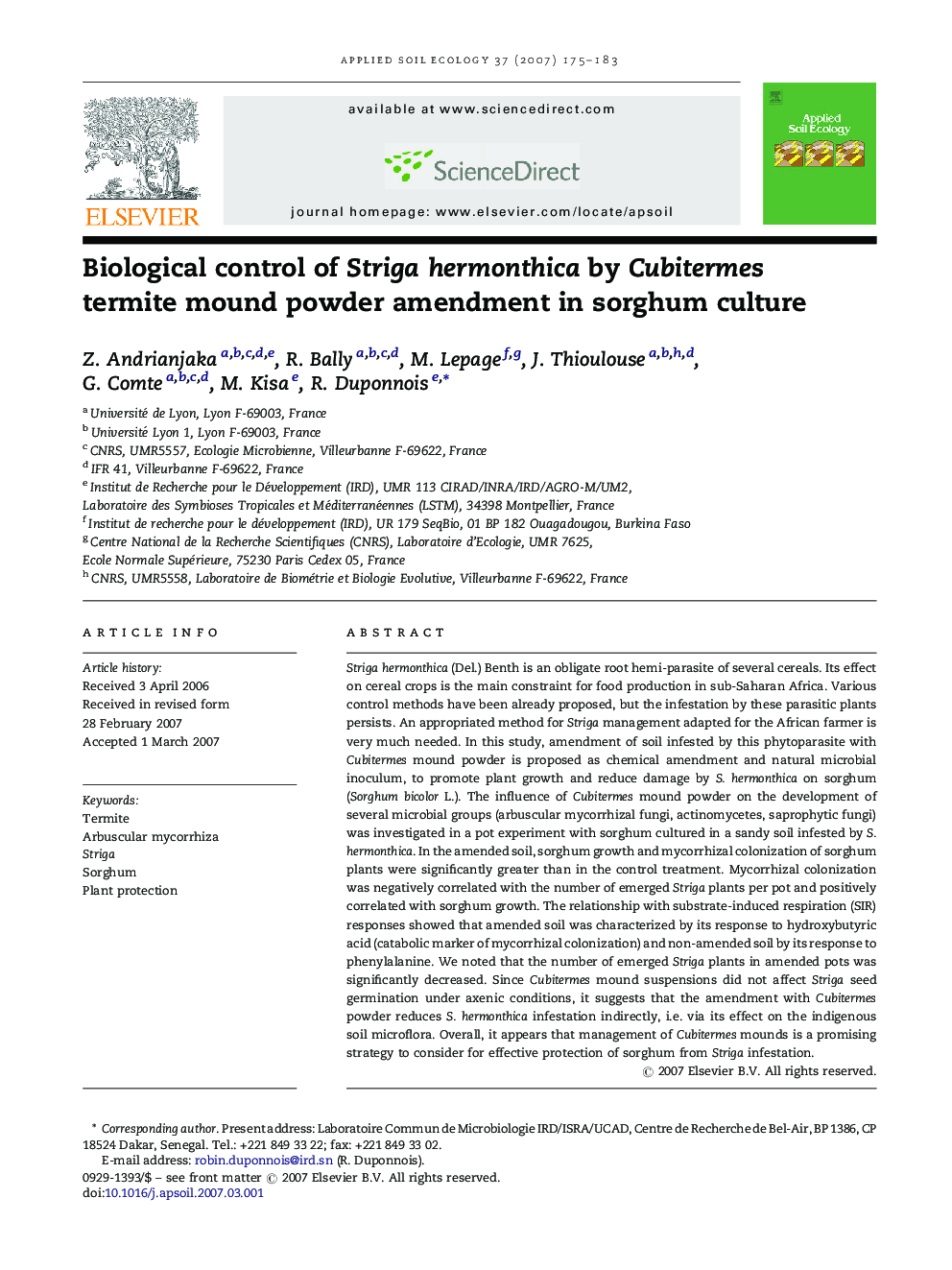 Biological control of Striga hermonthica by Cubitermes termite mound powder amendment in sorghum culture