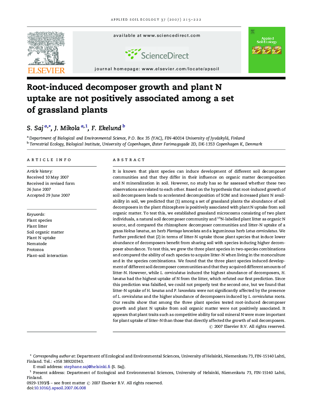 Root-induced decomposer growth and plant N uptake are not positively associated among a set of grassland plants