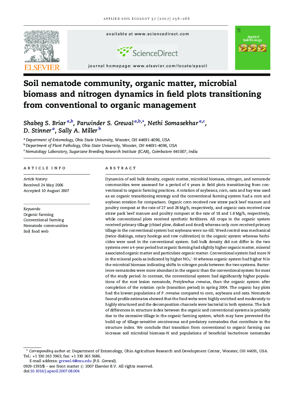 Soil nematode community, organic matter, microbial biomass and nitrogen dynamics in field plots transitioning from conventional to organic management