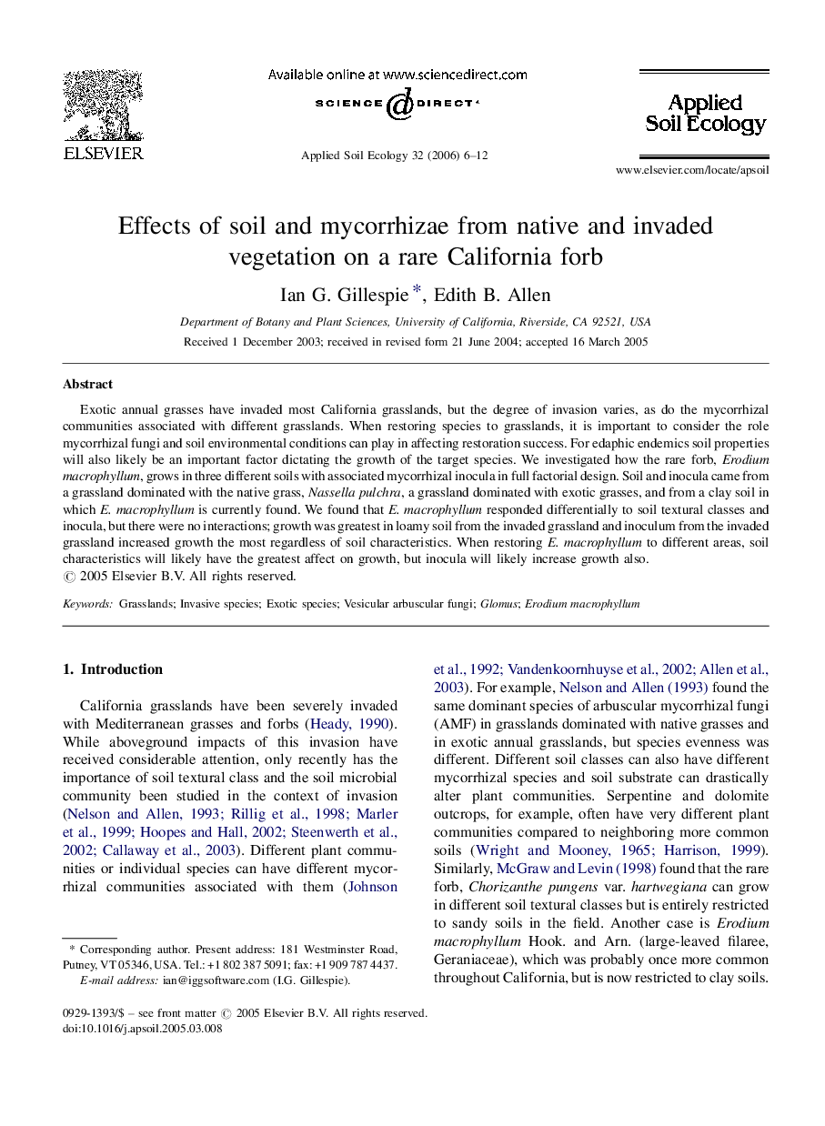 Effects of soil and mycorrhizae from native and invaded vegetation on a rare California forb