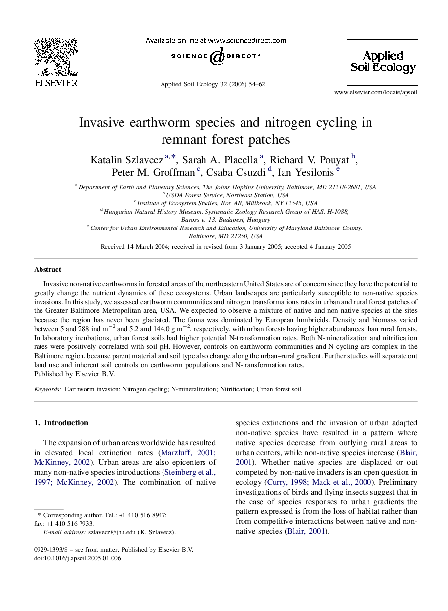 Invasive earthworm species and nitrogen cycling in remnant forest patches