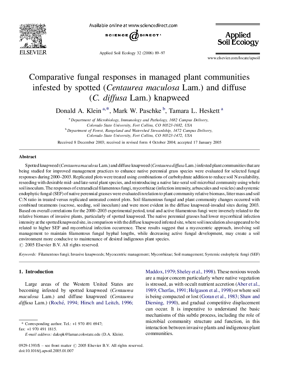 Comparative fungal responses in managed plant communities infested by spotted (Centaurea maculosa Lam.) and diffuse (C. diffusa Lam.) knapweed