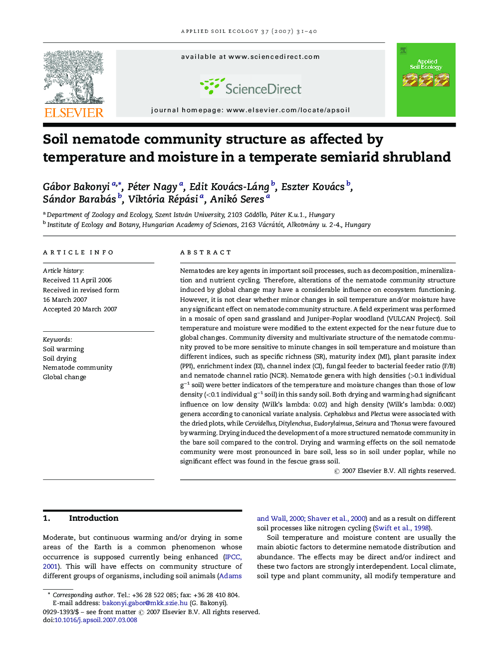 Soil nematode community structure as affected by temperature and moisture in a temperate semiarid shrubland